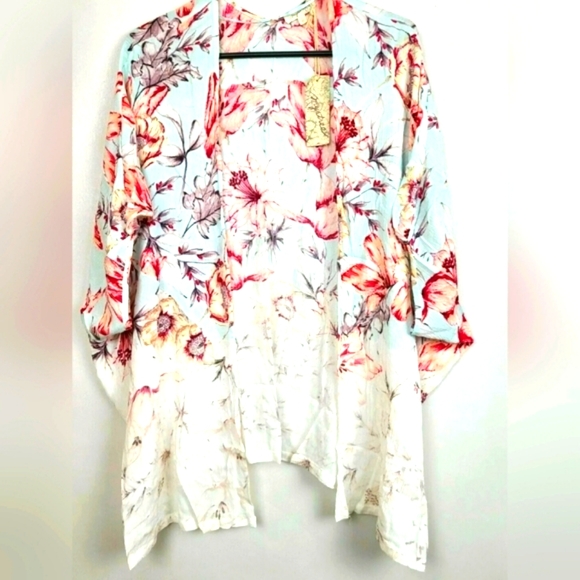 🆕️(M)🌼🔥Mystree🔥🌼 100% Rayon Kimono White w Dipped Floral Flowy Short Sleeve - Picture 2 of 8